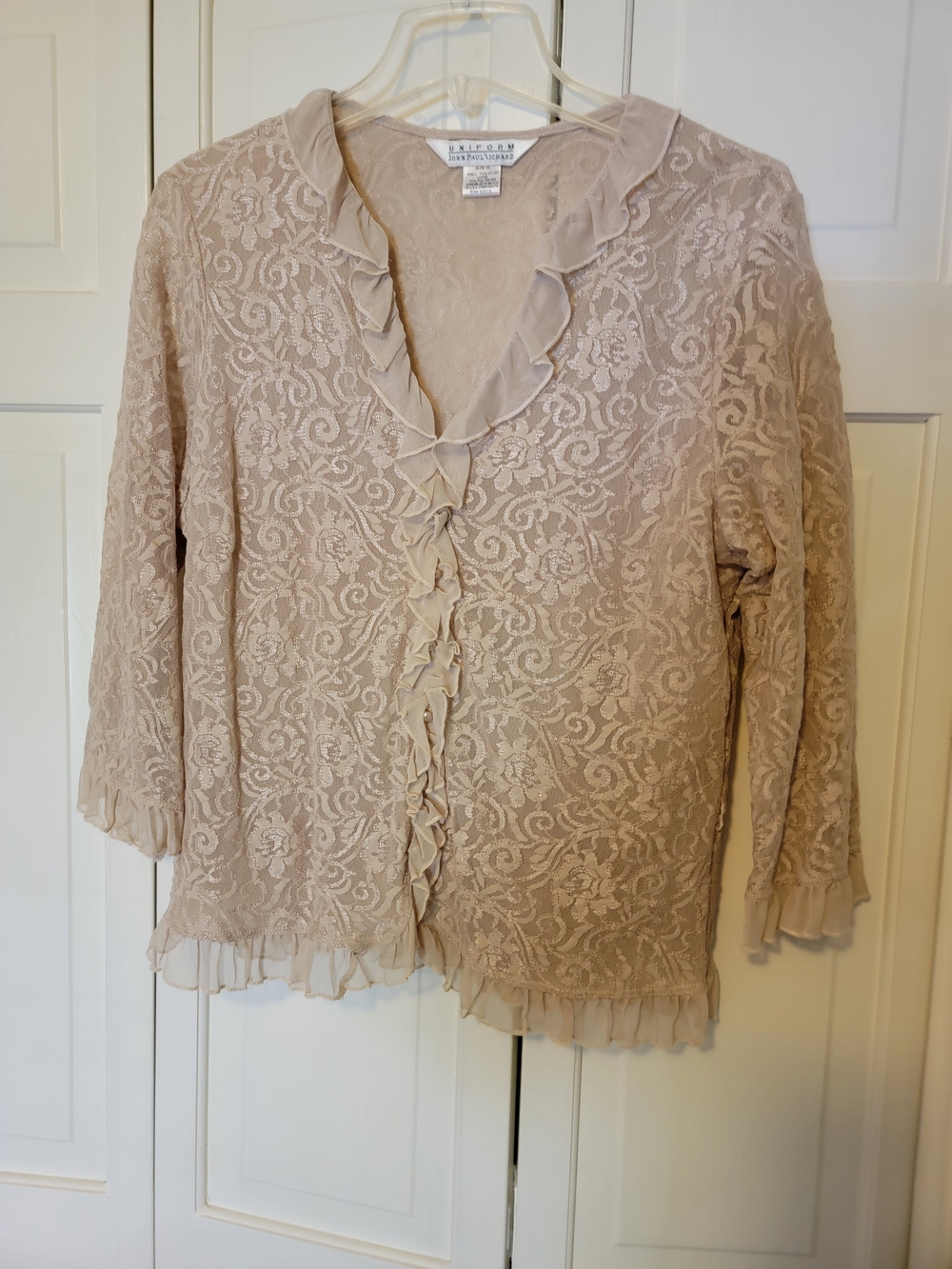 UNIForm John Paul Richard Blush Lace Ruffle-Trim Women’s Sheer Button Up SXL EUC